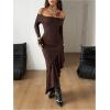 image:imageWomens Off Shoulder Long Sleeve Bodycon Long Dress Asymmetrical Ruffle Cowgirl DressesBrown