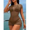image:imageWomens Sheer Mesh Drawstring Ruched Swimsuit Beach Dress Bathing Suit Cover UpCoffee Brown