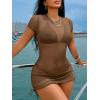 image:imageWomens Sheer Mesh Drawstring Ruched Swimsuit Beach Dress Bathing Suit Cover UpCoffee Brown