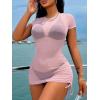 image:imageWomens Sheer Mesh Drawstring Ruched Swimsuit Beach Dress Bathing Suit Cover UpLight Pink