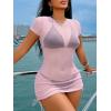 image:imageWomens Sheer Mesh Drawstring Ruched Swimsuit Beach Dress Bathing Suit Cover UpLight Pink