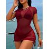 image:imageWomens Sheer Mesh Drawstring Ruched Swimsuit Beach Dress Bathing Suit Cover UpRed