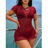 image:imageWomens Sheer Mesh Drawstring Ruched Swimsuit Beach Dress Bathing Suit Cover UpRed