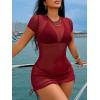 image:imageWomens Sheer Mesh Drawstring Ruched Swimsuit Beach Dress Bathing Suit Cover UpRed