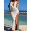 image:imageWomens Textured V Neck Cover Up Halter Neck Backless Maxi Dress Side Drawstring Bodycon Dress SwimsuitsWhite