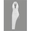 image:imageWomens Textured V Neck Cover Up Halter Neck Backless Maxi Dress Side Drawstring Bodycon Dress SwimsuitsWhite