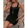image:imageWomens Waffle Knit Belted Tank A Line High Waisted Dresses Square Neck Sleeveless Summer Short DressBlack