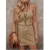 image:imageWomens Waffle Knit Belted Tank A Line High Waisted Dresses Square Neck Sleeveless Summer Short DressBrown