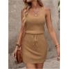 image:imageWomens Waffle Knit Belted Tank A Line High Waisted Dresses Square Neck Sleeveless Summer Short DressDeep Khaki