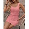 image:imageWomens Waffle Knit Belted Tank A Line High Waisted Dresses Square Neck Sleeveless Summer Short DressPink