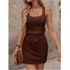 image:imageWomens Waffle Knit Belted Tank A Line High Waisted Dresses Square Neck Sleeveless Summer Short DressPure Brown