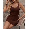 image:imageWomens Waffle Knit Belted Tank A Line High Waisted Dresses Square Neck Sleeveless Summer Short DressPure Brown