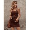 image:imageWomens Waffle Knit Belted Tank A Line High Waisted Dresses Square Neck Sleeveless Summer Short DressPure Brown