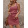 image:imageWomens Waffle Knit Belted Tank A Line High Waisted Dresses Square Neck Sleeveless Summer Short DressRed Violet