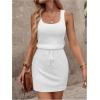 image:imageWomens Waffle Knit Belted Tank A Line High Waisted Dresses Square Neck Sleeveless Summer Short DressSolid White