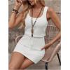 image:imageWomens Waffle Knit Belted Tank A Line High Waisted Dresses Square Neck Sleeveless Summer Short DressWhite