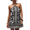 image:imageWomens Floral Boho Dress Criss Cross Tie Backless Mini Dresses Halter A Line SundressBlack and White
