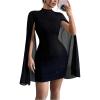 image:imageWomens Mock Neck Rib Knit Bodycon Mini Dress Slit Mesh Long Sleeve Elegant DressesBlack