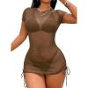 image:imageWomens Sheer Mesh Drawstring Ruched Swimsuit Beach Dress Bathing Suit Cover UpCoffee Brown