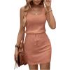 image:imageWomens Waffle Knit Belted Tank A Line High Waisted Dresses Square Neck Sleeveless Summer Short DressDeep Pink