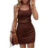 image:imageWomens Waffle Knit Belted Tank A Line High Waisted Dresses Square Neck Sleeveless Summer Short DressPure Brown