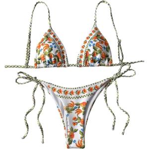 image:imageWomens 2 Piece Bikini Fruits Plaid Graphic Tie Back Bras and Bow Knot Side Thongs Beach OutfitsMulticolor