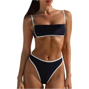 image:imageWomens 2 Piece Bikini Set Spliced Striped Tie Back Bikini Tops and High Waisted Bottoms BeachwearBlack and White