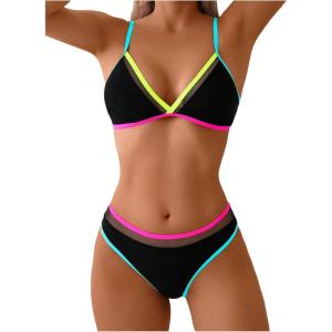 image:imageWomens 2 Piece Bikini Sets Color Block Triangle Bikini Top Brazilian Bottom Swimsuit SwimwearBlack