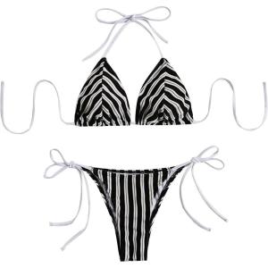image:imageWomens 2 Piece Bikini Sets Halter Tie Side Triangle Swimsuit Striped Bathing SuitBlack and White