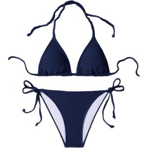 image:imageWomens 2 Piece Bikini Sets Ribbed Knit Halter Bikini Tops Tie Side Thong Cheeky Swimsuit SwimwearBlue