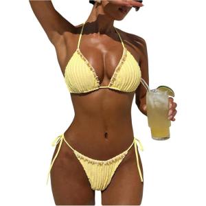 image:imageWomens 2 Piece Bikini Sets Textured Beaded Halter Bras and Tie Side Thongs Summer Beachwear SwimwearYellow