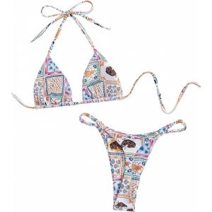 image:imageWomens 2 Piece Boho Bikini Sets Halter Tie Neck Bras and Thongs SwimwearMulticolor
