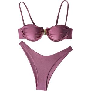 image:imageWomens 2 Piece Cheeky Bikini Sets Metal Decor Underwire Bra High Cut Thong Swimsuit SwimwearDusty Pink