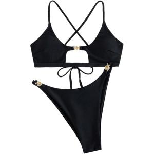 image:imageWomens 2 Piece Elegant Bikini Sets Lace Up Cut Out Bras and Thongs Beachwear SetBlack
