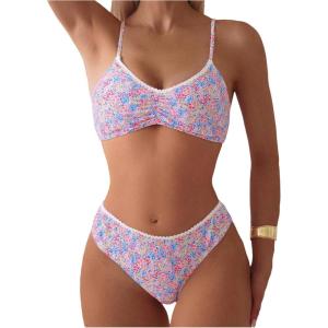 image:imageWomens 2 Piece Floral Bikini Sets V Neck Bras and Mid Rise Panties Swimwear Beach WearMulticolor