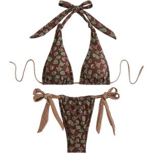 image:imageWomens 2 Piece Floral Plaid Swimsuit Halter Triangle Bathing Suit Bowknot Tie Side Bikini SetsBrown