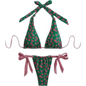 image:imageWomens 2 Piece Floral Plaid Swimsuit Halter Triangle Bathing Suit Bowknot Tie Side Bikini SetsGreen