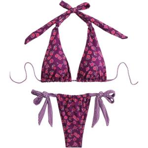 image:imageWomens 2 Piece Floral Plaid Swimsuit Halter Triangle Bathing Suit Bowknot Tie Side Bikini SetsPurple