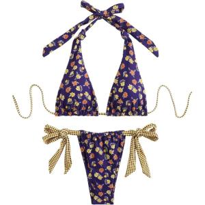 image:imageWomens 2 Piece Floral Plaid Swimsuit Halter Triangle Bathing Suit Bowknot Tie Side Bikini SetsPurple Yellow