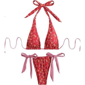image:imageWomens 2 Piece Floral Plaid Swimsuit Halter Triangle Bathing Suit Bowknot Tie Side Bikini SetsRed