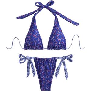 image:imageWomens 2 Piece Floral Plaid Swimsuit Halter Triangle Bathing Suit Bowknot Tie Side Bikini SetsRoyal Blue