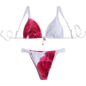image:imageWomens 2 Piece Leopard Floral Bathing Suit Wireless Triangle Swimsuit High Waisted Bikini SetsHot Pink and White