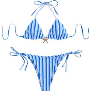 image:imageWomens 2 Piece Leopard Floral Bikini Sets Halter Triangle String Bathing Suit Starfish Metal SwimsuitsMint Blue