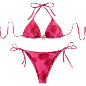 image:imageWomens 2 Piece Leopard Floral Bikini Sets Halter Triangle String Bathing Suit Starfish Metal SwimsuitsPure Hot Pink