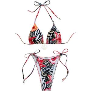 image:imageWomens 2 Piece Leopard Floral Bikini Sets Halter Triangle String Bathing Suit Starfish Metal SwimsuitsZebra Floral