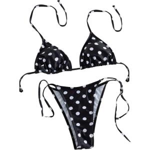 image:imageWomens 2 Piece Polka Dots Bikini Sets High Waisted Triangle Halter String Thong SwimsuitMulticolor Black