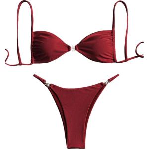 image:imageWomens 2 Piece Swimsuit Starfish Decor Padded Boho Bathing Suit Spaghetti Strap Bikini SetBurgundy