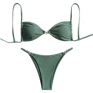 image:imageWomens 2 Piece Swimsuit Starfish Decor Padded Boho Bathing Suit Spaghetti Strap Bikini SetDark Green