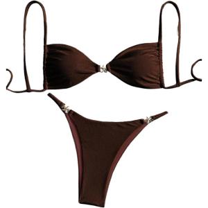 image:imageWomens 2 Piece Swimsuit Starfish Decor Padded Boho Bathing Suit Spaghetti Strap Bikini SetDeep Brown