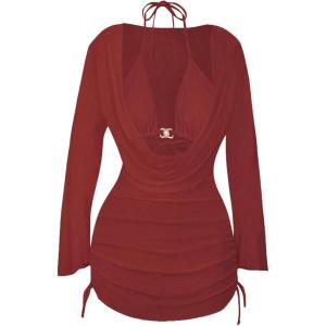 image:imageWomens 3 Piece Bikini Sets Halter Neck Bras and Panties with V Neck Long Sleeve Cover UpsRed